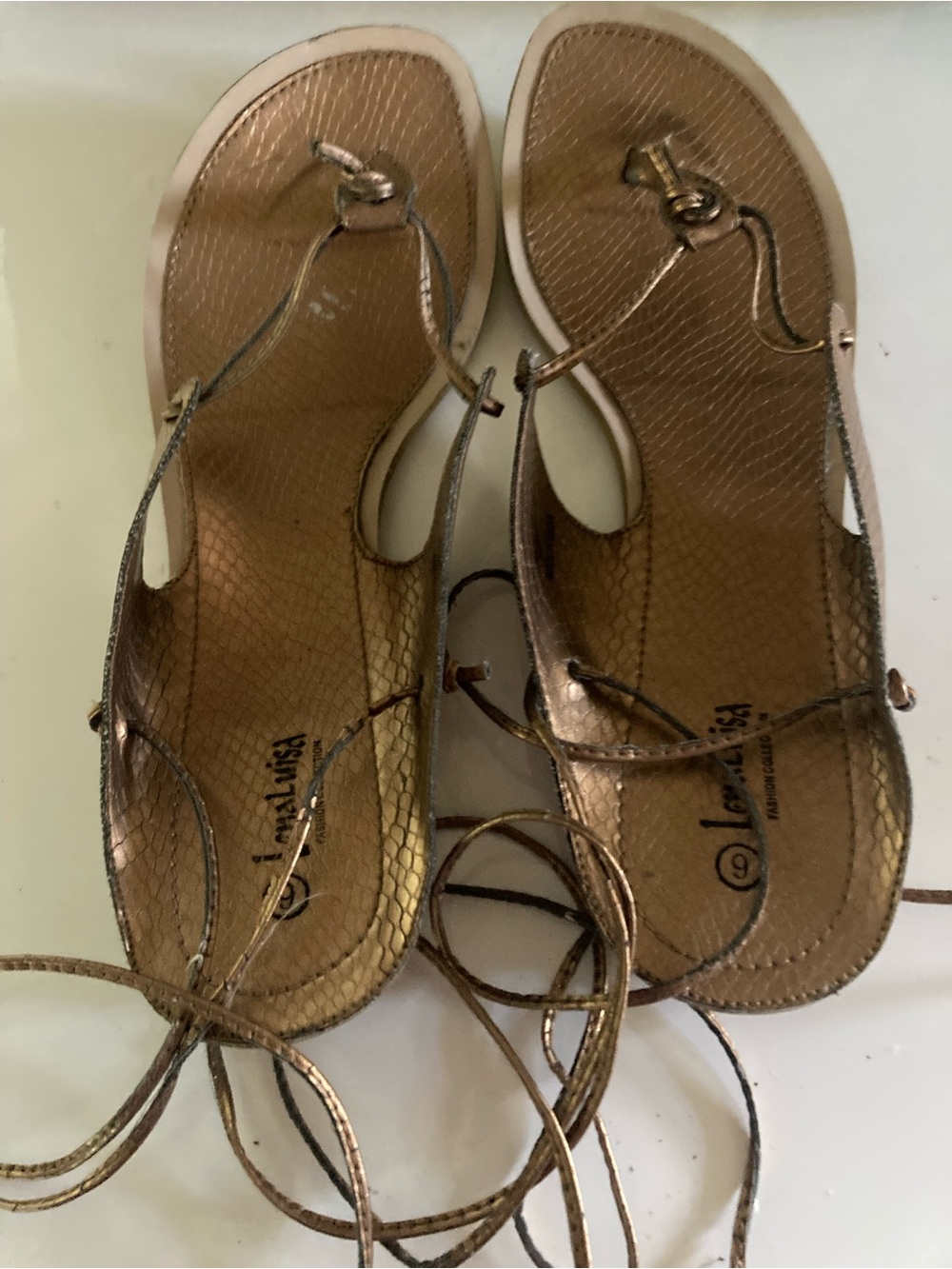 Sandals, lace around ankle, gold, 9